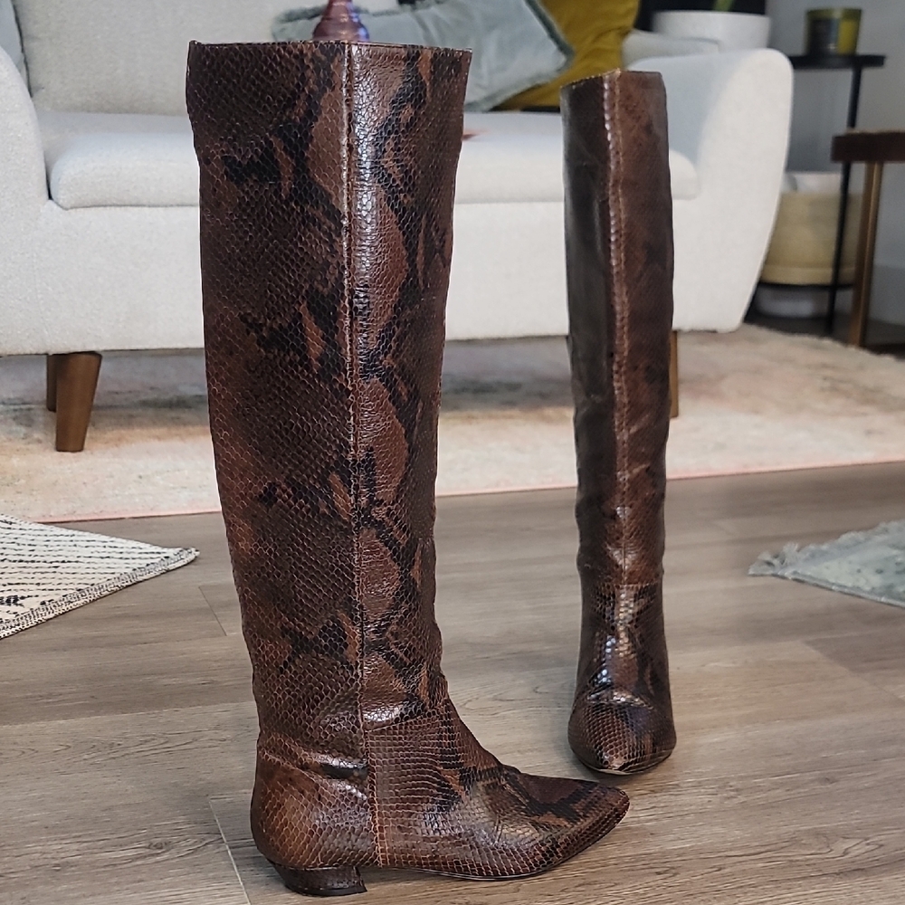 Brown Leather Snakeskin Embossed Knee-High Boots - Picture 5 of 16